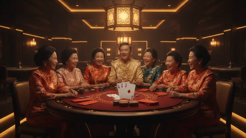 Winning blackjack 21 hand with an ace and face card on a festive Chinese New Year card table with red packets.