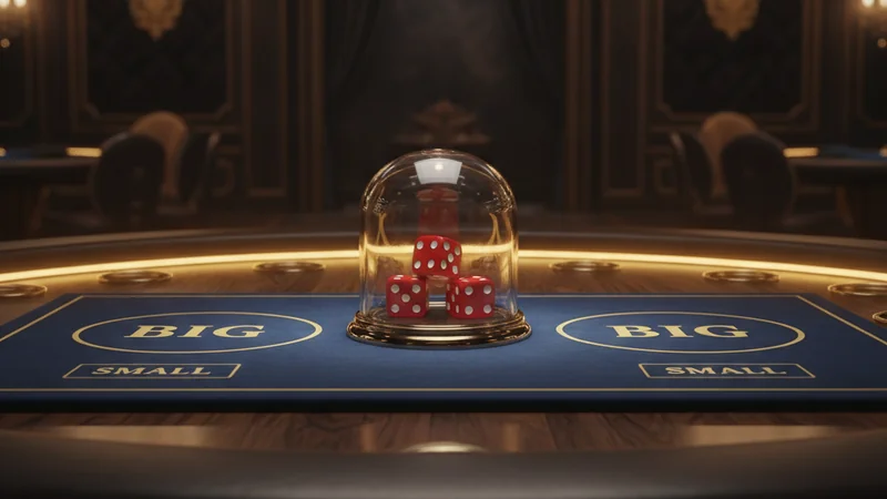 Three dice under a glass dome shaker on a minimalist Sic Bo big-small betting mat at an online casino table.