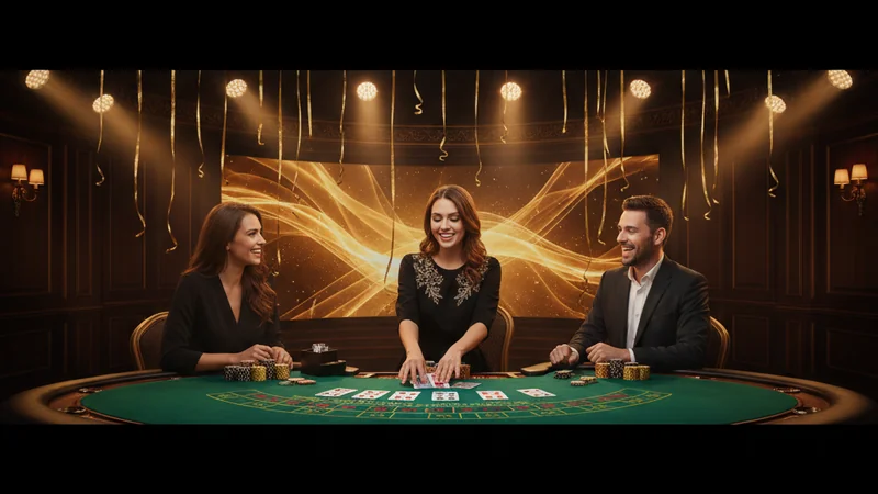 Festive online casino live blackjack table with gold streamers, stage lights, and cards dealt on green felt.