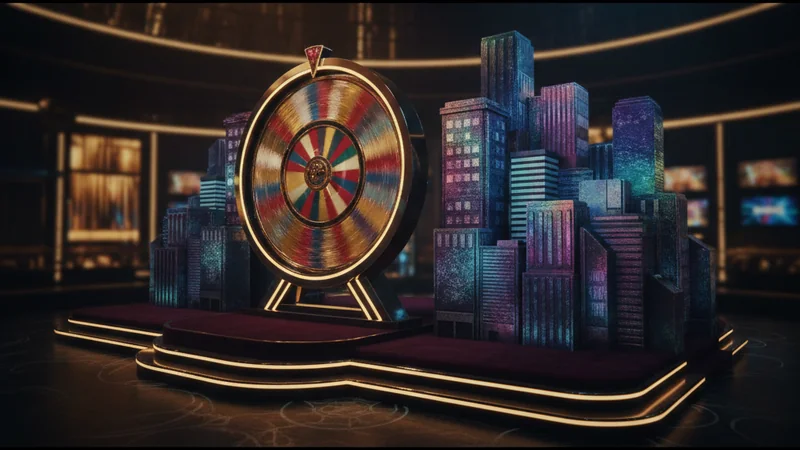 Online casino game show set with a vertical prize wheel beside a neon city of scratch-card buildings.