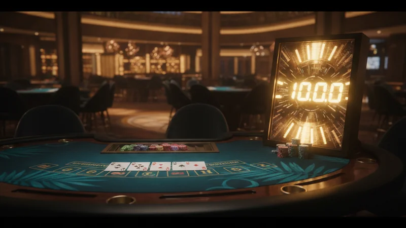 Five-card stud poker hand beside a glowing progressive jackpot meter in a teal and gold online casino.