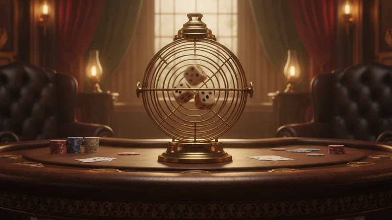 Vintage wire birdcage tumbler with three dice mid-spin on a saloon table for a classic online casino game.