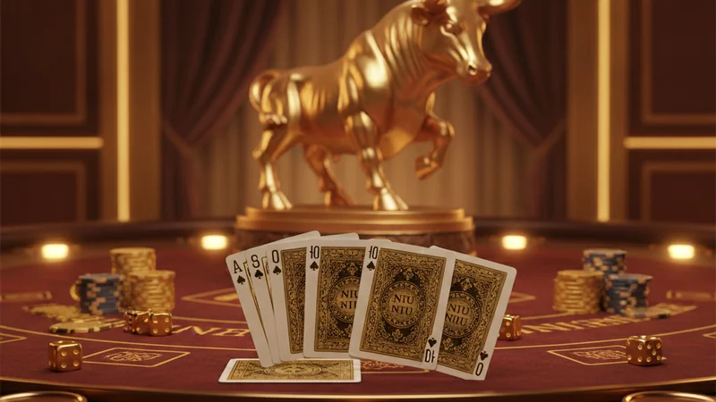 Five-card Niu Niu hand arranged three and two on a festive online casino table with a golden bull motif