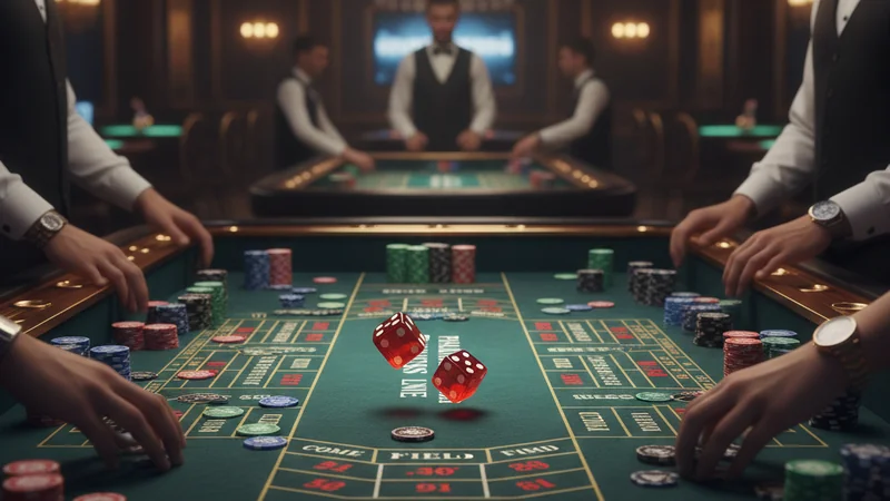 Two red dice mid-bounce across a full craps table layout, capturing classic online casino table game excitement.