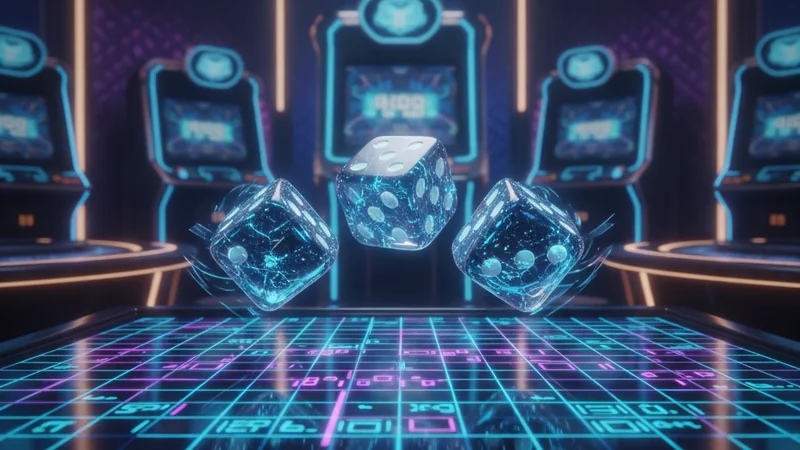 Three glossy dice rolling over a neon multiplier grid with electric blue accents in a modern online casino game.