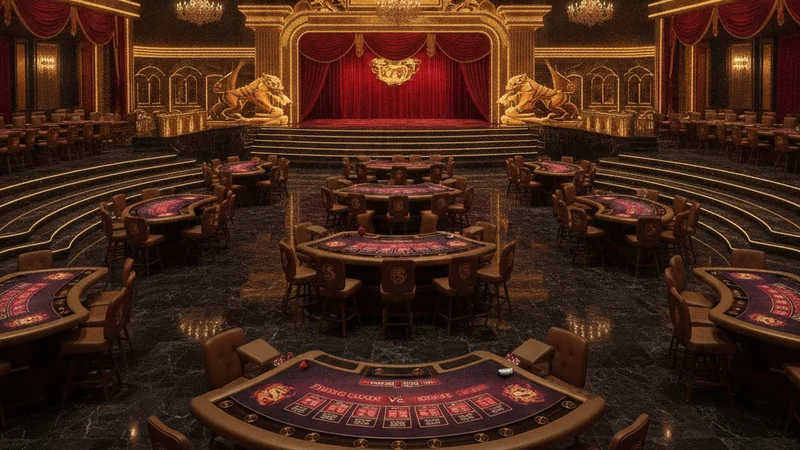 Tiered red and gold online casino tournament arena with rows of Dragon Tiger live card tables.