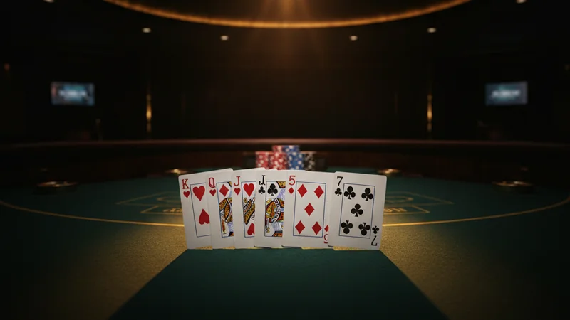 Seven playing cards split into high and low hands before a dealer at an online casino Pai Gow poker table.