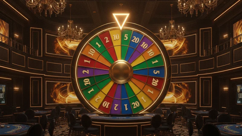 Colorful giant money wheel with numbered segments and a glowing pointer in a 3D online casino.