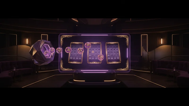 Online casino bingo game with a glowing purple 3D draw machine and flying numbered balls on a sleek digital interface.