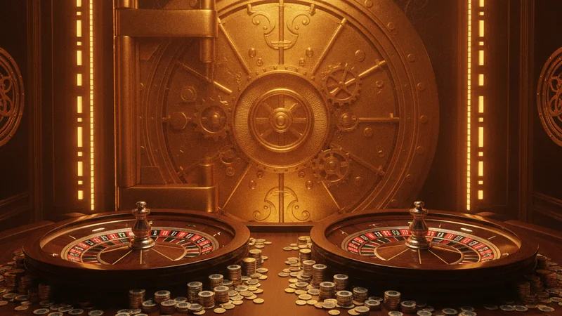 Two roulette wheels side by side before a massive golden bank vault door with glowing coins in an online casino.