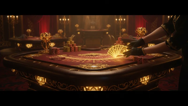 Opulent red and gold online casino baccarat table with glowing gilded multiplier cards.