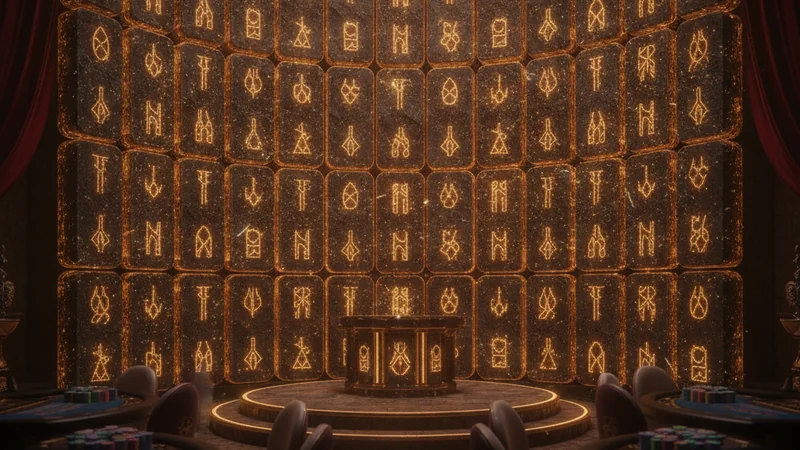 Ancient temple online casino studio featuring a giant wall of glowing carved stones with AR sparkles.