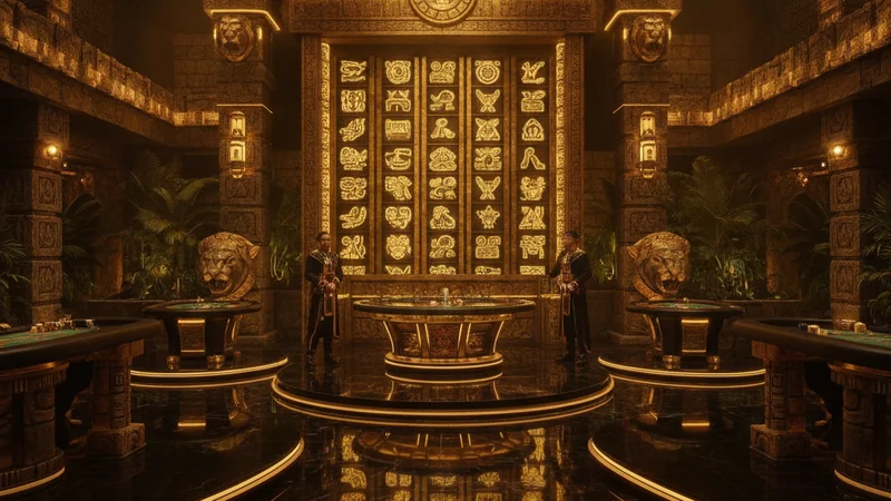 Aztec temple themed online casino live studio with carved golden stone reels and atmospheric jungle lighting.