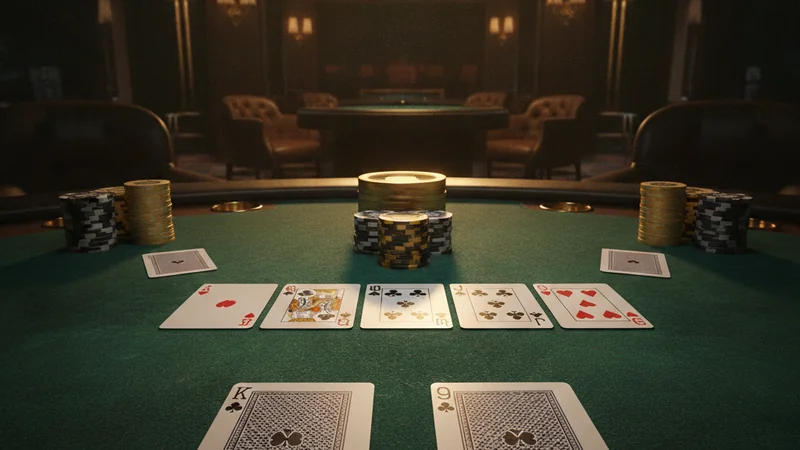 Two poker hole cards facing community cards in a tense online casino duel on green felt.