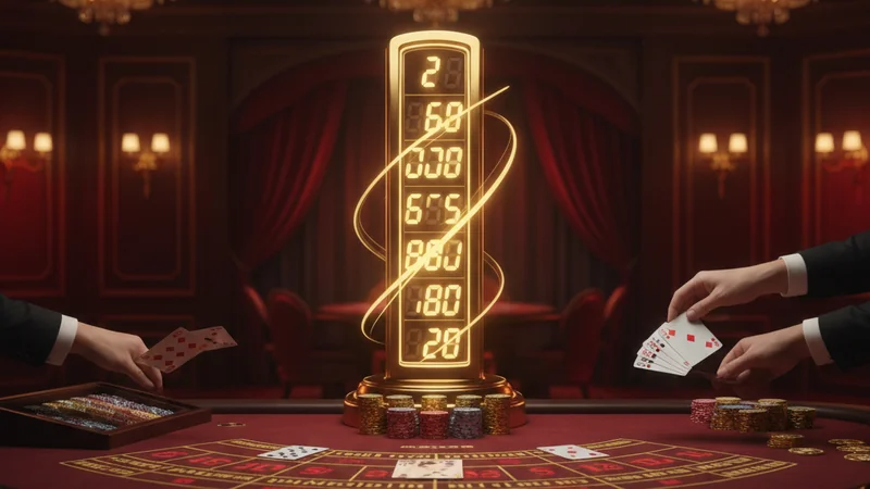 Live baccarat table with cards mid-deal and a rising golden jackpot meter in a red and gold online casino studio.