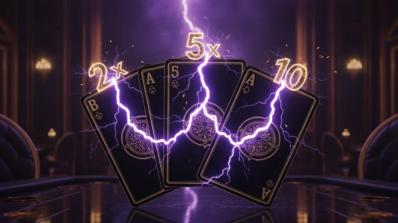 Baccarat cards with multiplier symbols struck by lightning in an electric purple online casino studio.