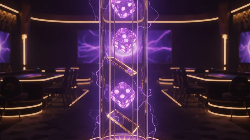 Three dice tumbling through a purple lightning tower with multiplier glows in an online casino game.