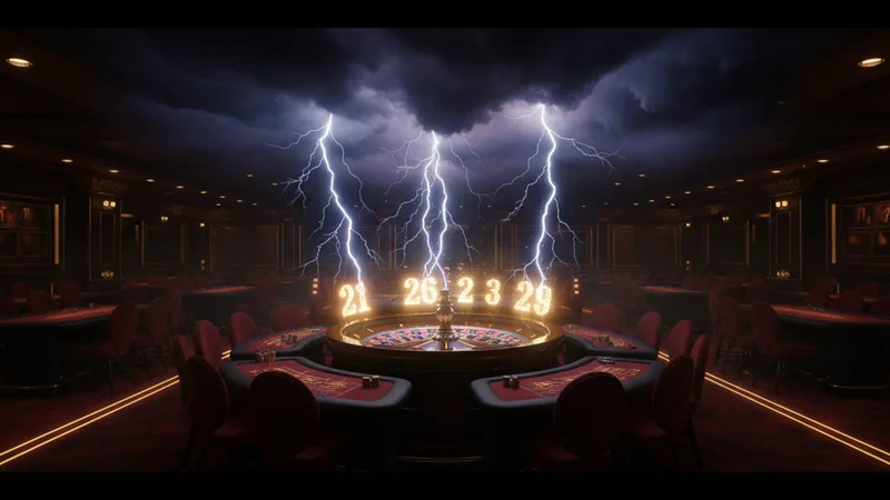 Dramatic online casino roulette wheel under a thunderstorm sky with lightning striking glowing numbers.