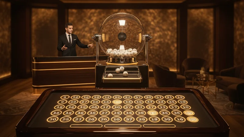 Online casino Keno game featuring an 80-number board with lit winning hits, a live host desk, and ball draw machine.