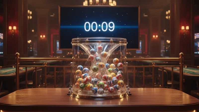 Transparent lottery draw machine with tumbling numbered balls in a live online casino studio.