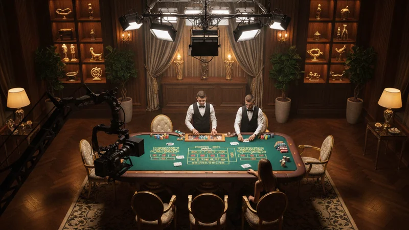 Cinematic live baccarat table in an online casino studio with camera crane and broadcast lights.