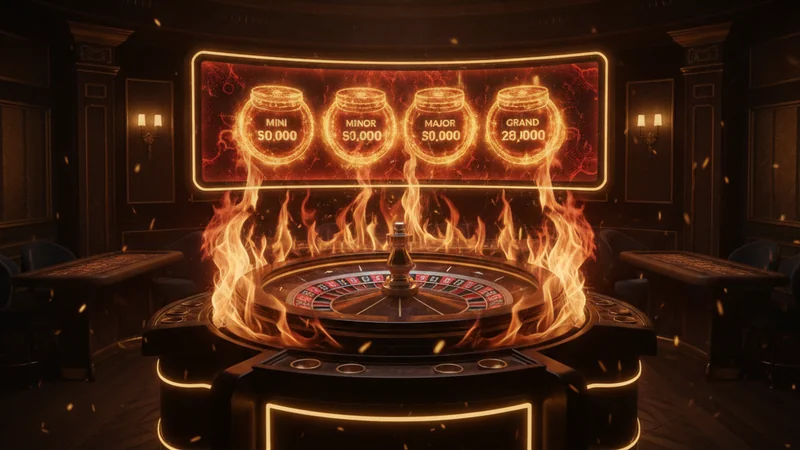 Fiery European roulette wheel ringed in flames with glowing jackpot tiers in an online casino.