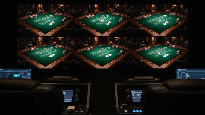 Split-screen view of multiple live baccarat tables with green felt and cards in an online casino studio.