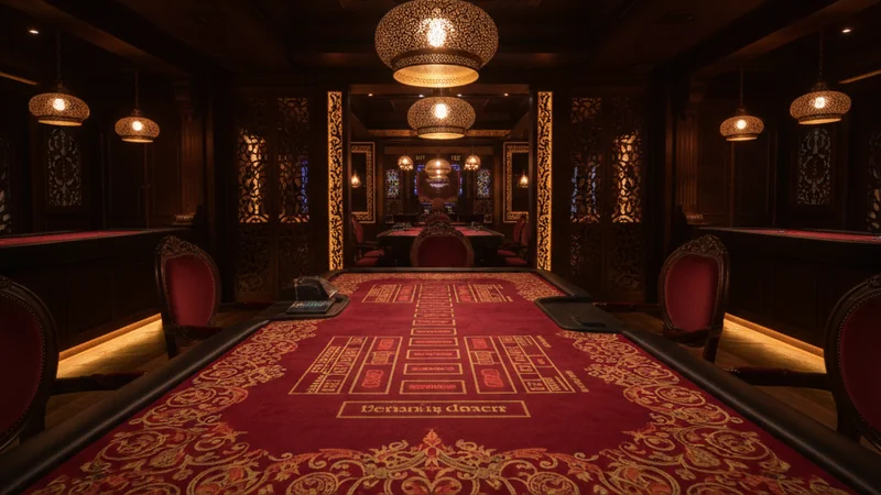 Elegant online casino baccarat table featuring South Asian ornamental patterns, brass lamps, and deep crimson cloth.
