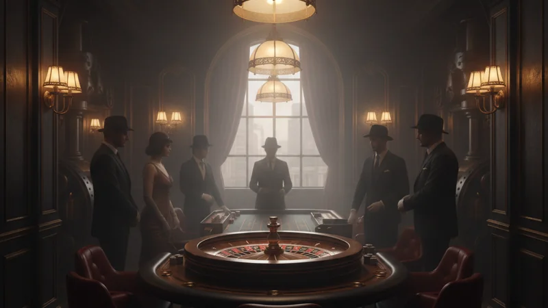 Moody 1920s industrial roulette parlour featuring a single-zero wheel under vintage lamps in an online casino.