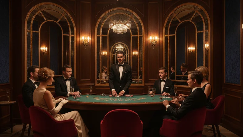 Glamorous 1960s casino lounge with a baccarat table, art-deco mirrors, and plush velvet in an online casino setting.