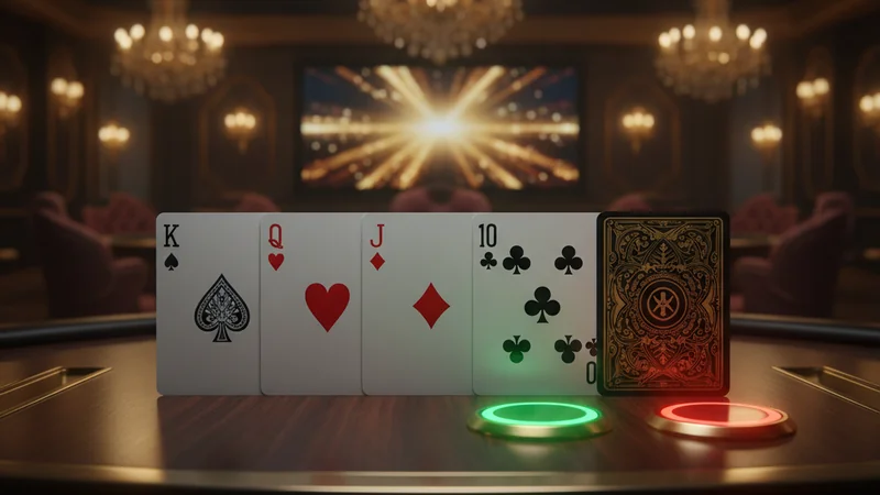 Online casino card game featuring five cards revealed sequentially with glowing decision buttons.