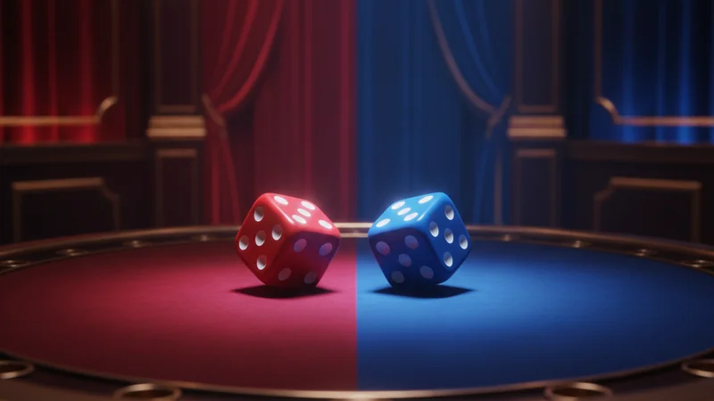 Red die and blue die facing off on a split-color online casino game table under dramatic lighting.