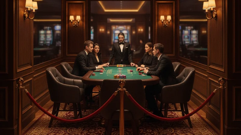 Exclusive private baccarat room with leather chairs, velvet rope, and soft champagne lighting in a VIP online casino.