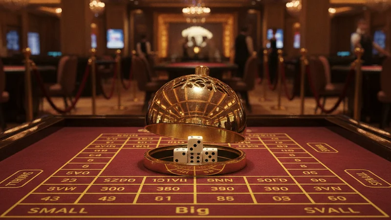Three dice revealed under a brass shaker on a traditional Macau sic bo table for live online casino gaming.
