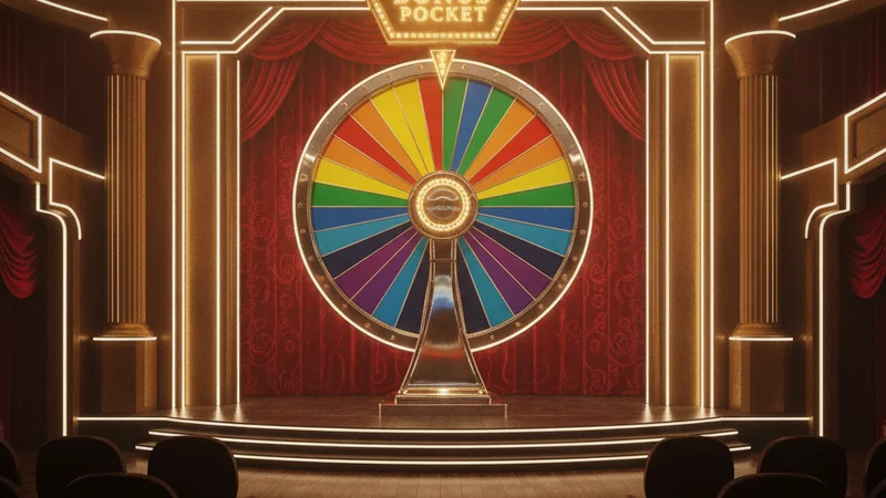 Colorful online casino money wheel with rainbow segments and a bonus pocket on a bright game show stage.