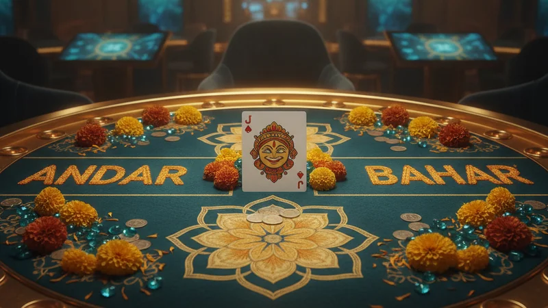 Andar Bahar online casino table in marigold and teal featuring a centered joker card between betting zones.