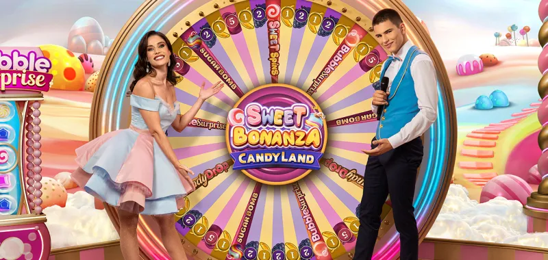 Sweet Bonanza CandyLand live game show wheel with presenters, official Pragmatic Play artwork
