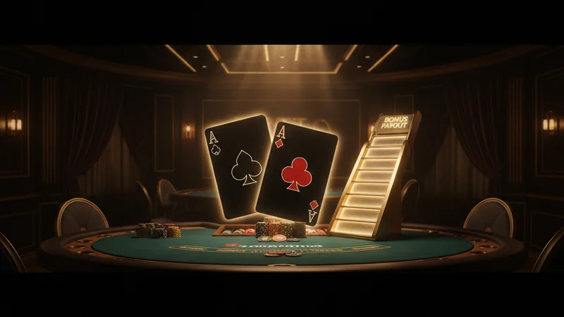 Pocket aces on a Texas Holdem poker table beside a bonus payout ladder in a warm-lit online casino.