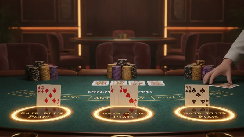 Three-card poker hands on an elegant online casino table with a glowing pair plus betting circle.