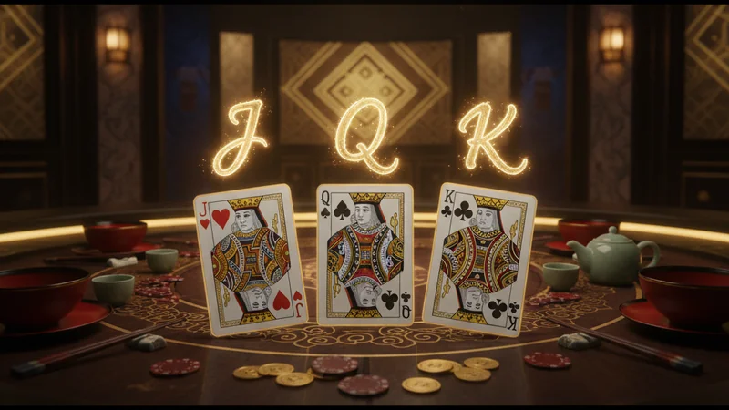 Fanned Jack, Queen, and King cards with glowing point values on an ornate Asian online casino blackjack table.