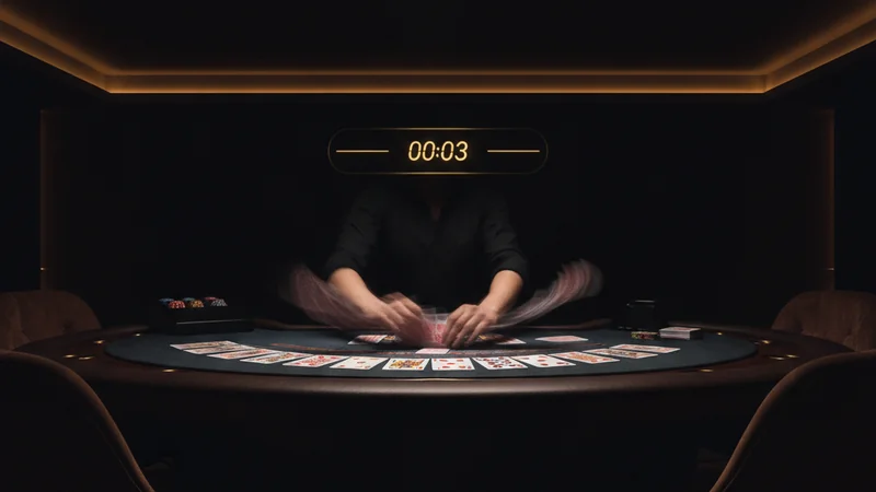 Fast-paced live Baccarat cards dealt with motion blur and a timer in a sleek online casino studio.