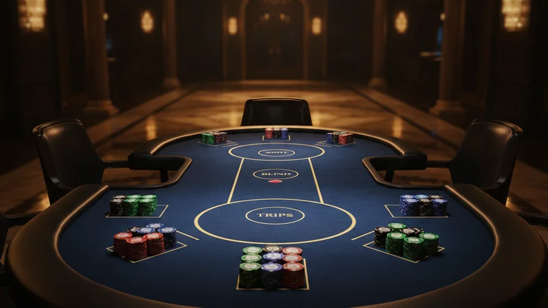 Stacked poker chips on a Texas Holdem table with ante, blind, and trips betting circles for online casino games.