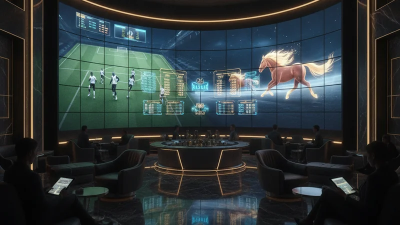 Futuristic online casino sports betting lounge with virtual football, horse racing screens, and live odds boards.