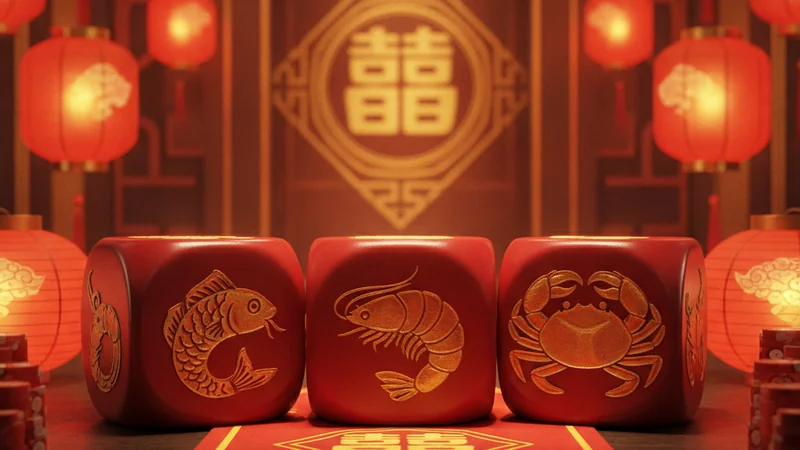 Fish Prawn Crab symbol dice on a festive red table with Lunar New Year lanterns for online casino gaming.