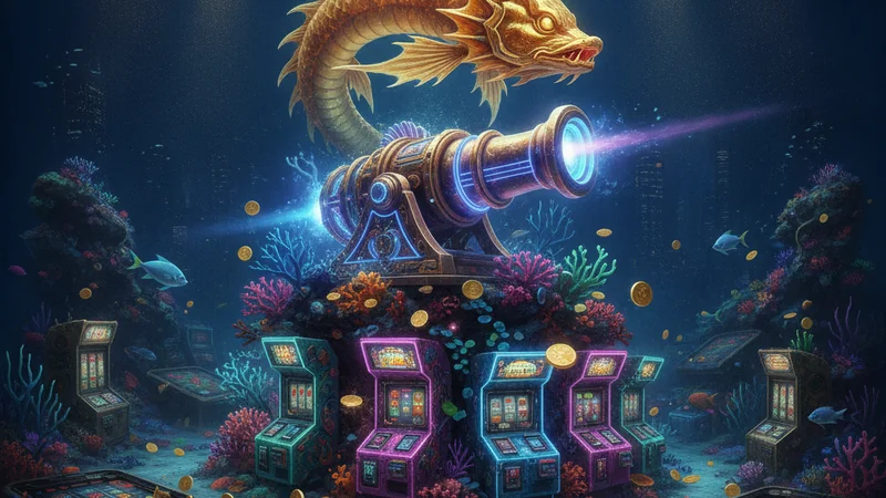 Golden dragon fish swims above a glowing cannon turret in a neon underwater online casino fish arcade game.