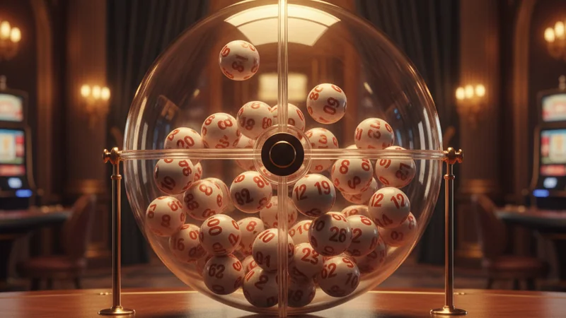 Gold-lit numbered lottery balls tumbling in a transparent draw sphere for online casino gaming.