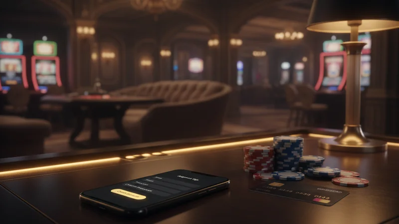 Smartphone displaying an online casino sign-up interface beside casino chips and a debit card on a desk.