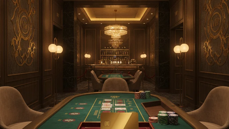 Golden VIP membership card on a velvet tray beside a private baccarat table in an exclusive online casino lounge.